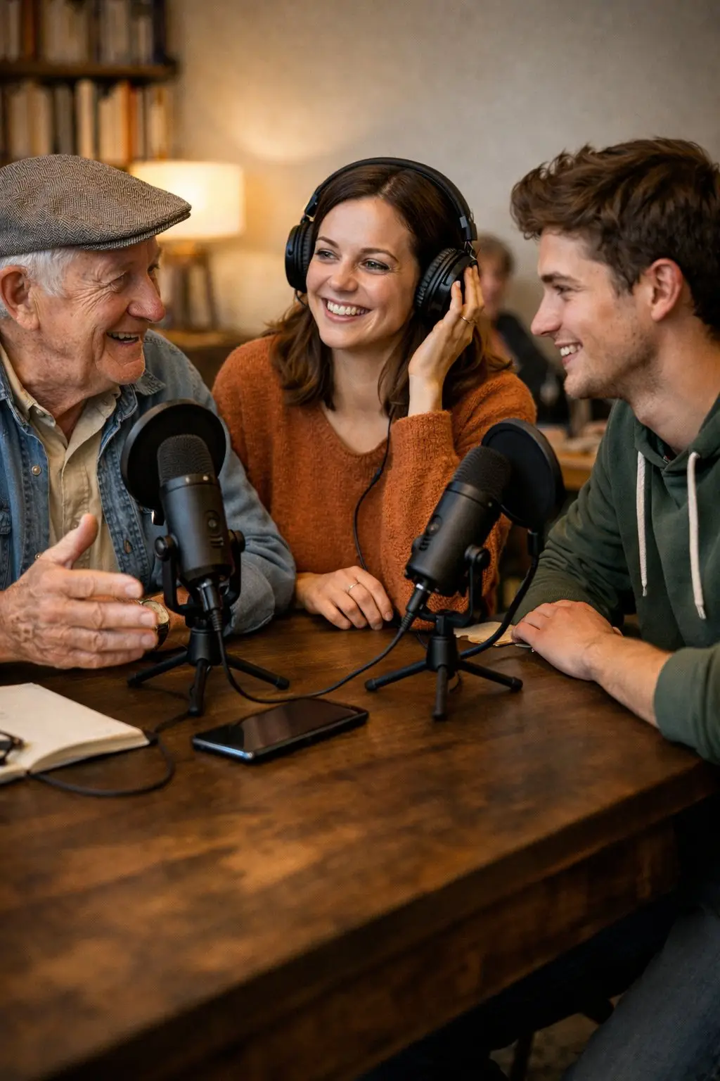 Enregistrement podcast intergénérationnel — un senior et deux jeunes autour de microphones